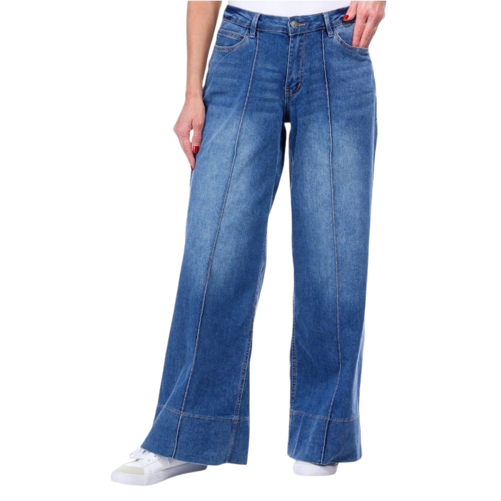 Madden Girl Women High Rise Wide Leg Jeans High Rise Fold Waist Pintuck Size 13